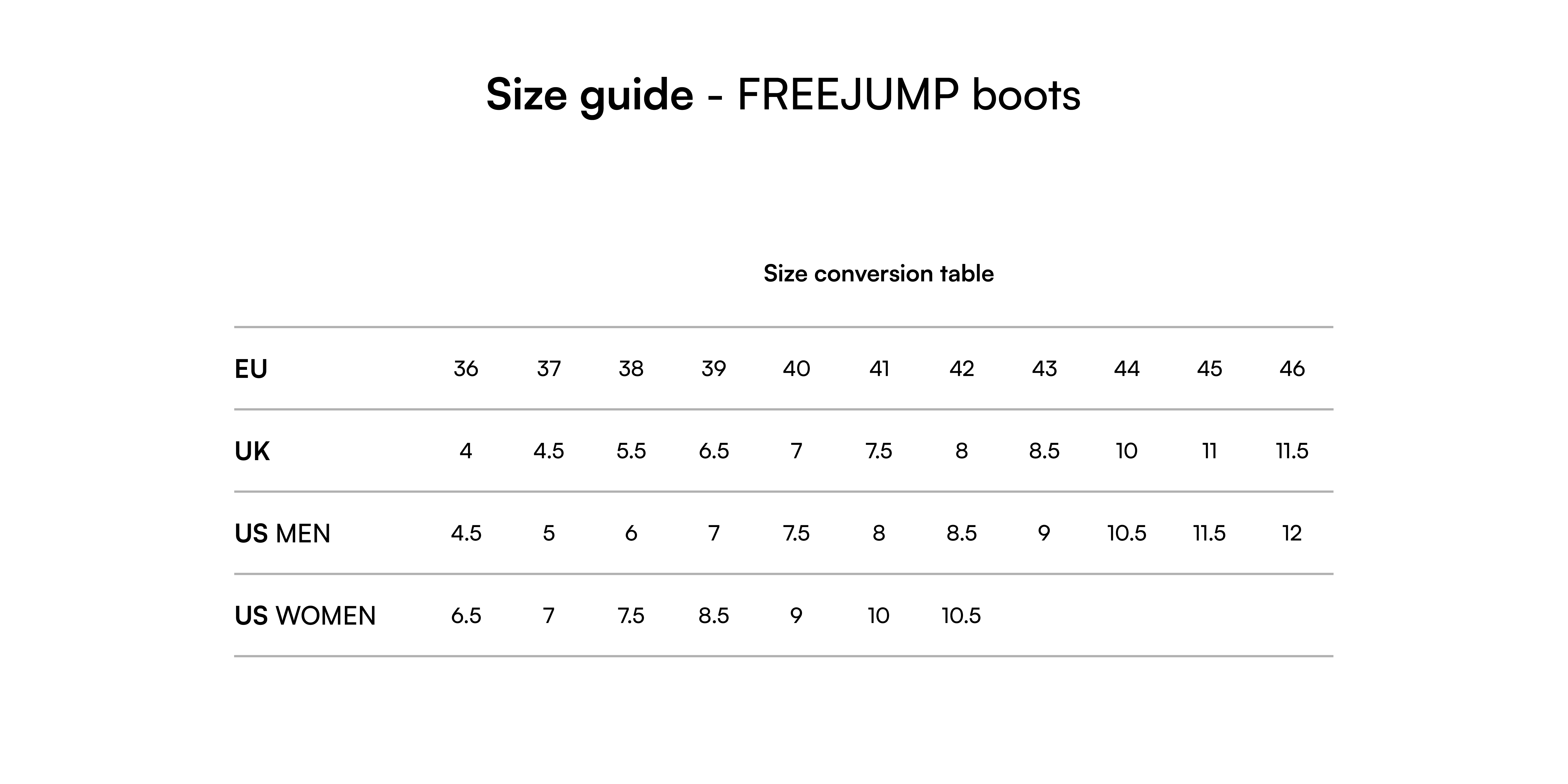 Size guide - FREEJUMP boots