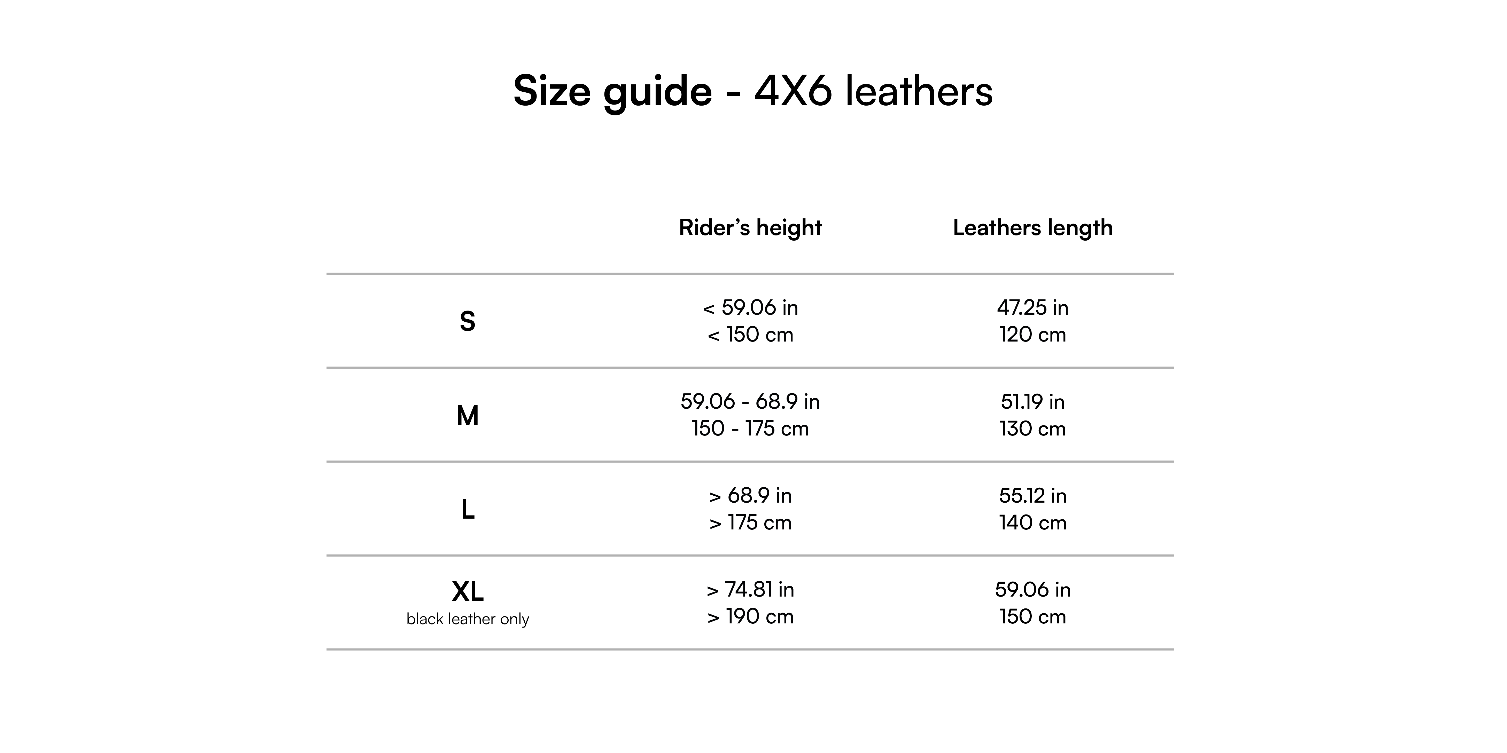 Size guide - 4x6 leathers